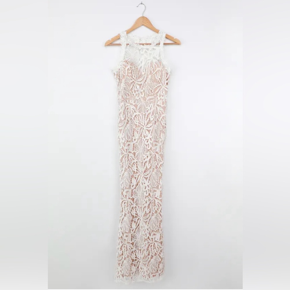 White Crochet Lace Mermaid Maxi Dress Large Boho Wedding Bridal Beach Gown - Picture 6 of 15